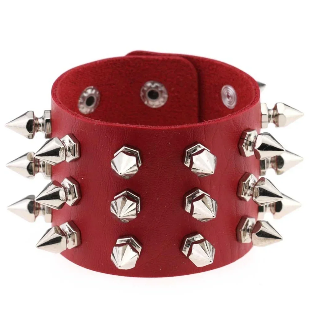 Bracelet punk en cuir - Delysia king bracelet punk unisexe en cuir bijou avec trois nucleobalm pidal spikes rivet stud large - Tenue de festival