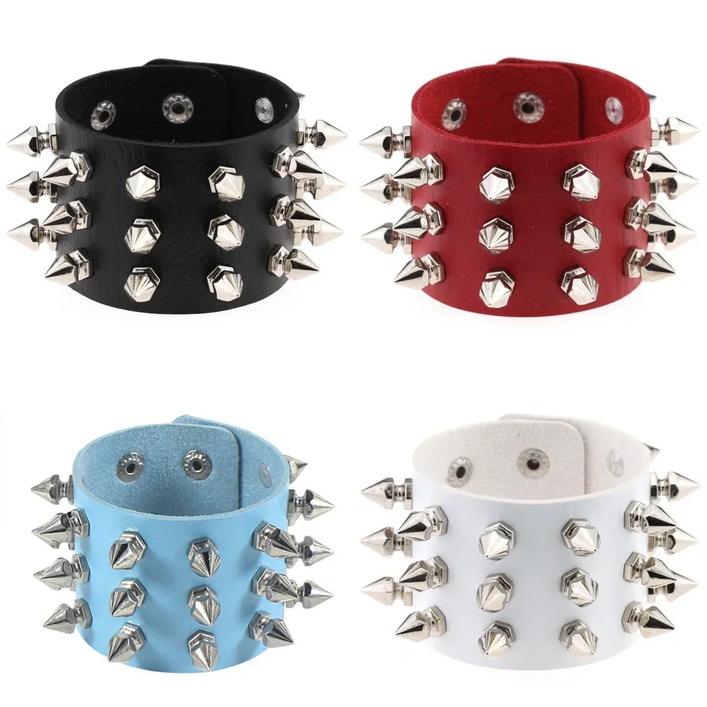 Bracelet punk en cuir - Delysia king bracelet punk unisexe en cuir bijou avec trois nucleobalm pidal spikes rivet stud large - Tenue de festival