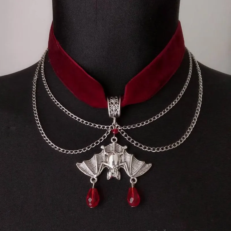 Ras de cou en velour avec pendentif chauve-souris - Goth red velvet choker pour femme collier chauve souris victorien magnifique punk gothique bijoux de vampire - Tenue de festival