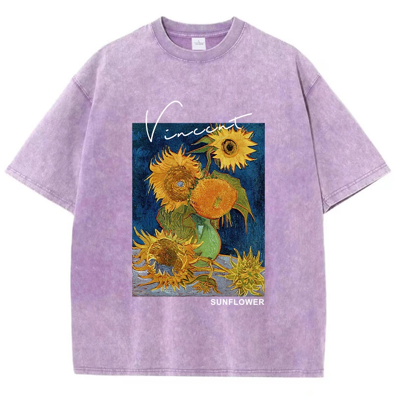 T-Shirt  oversize Van Gogh - Les Tournesols - Kf s db e f f bb ba de f e j t shirt imprim van gogh tournesol pour homme coton v tement respirant et d contract - Tenue de festival