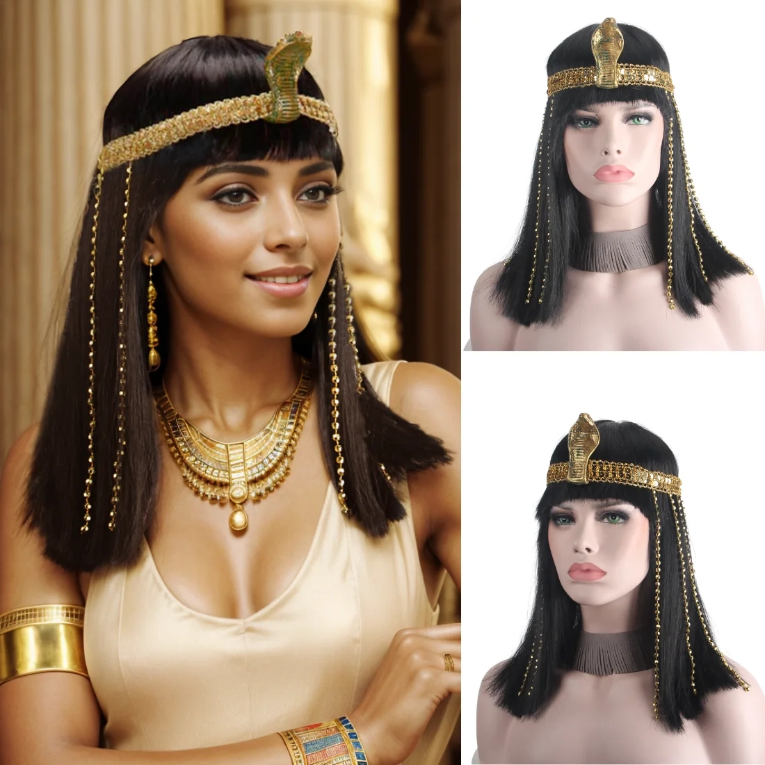 Perruques de Cléopatre reine d'Egypte - Kf s a e c d feec a ad w perruques noires pour femmes reines d egypte avec accessoires serpent costumes de f te d halloween - Tenue de festival