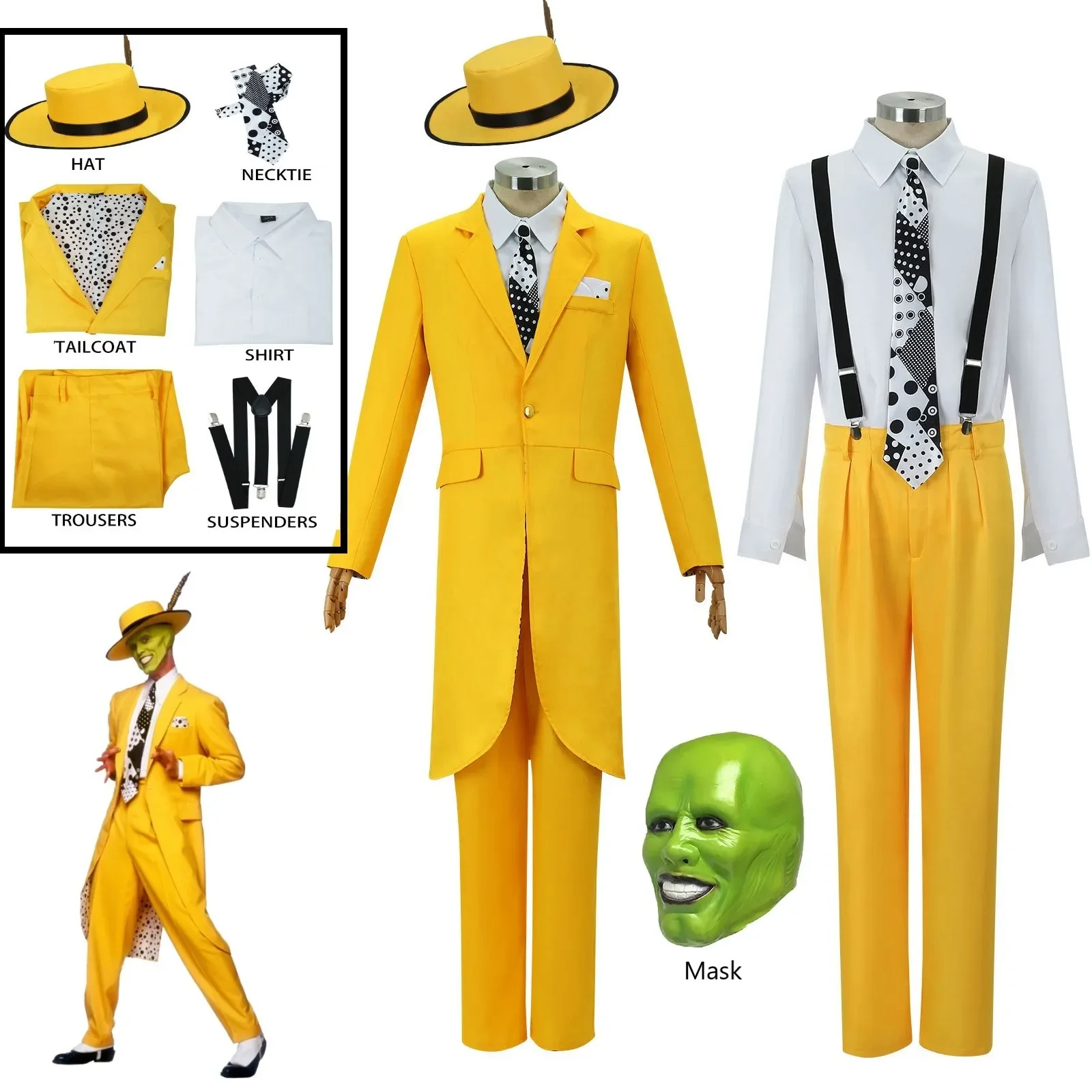 Costume de cosplay "The Mask" avec Jim Carrey - Kf sa c b f de a e bb the movie the mask cosplay costume jim carry cosplay uniforme jaune ixde carnaval chapeau tremp masque - Tenue de festival