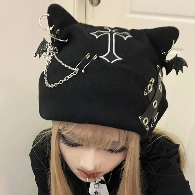 Bonnet gothique émo à chaine - Kf sbcc dee e aaf ebfb a el casquettes hip hop egirl pour adolescents accessoires punk chapeaux chauds streetwear gothique sc ne emo sombre - Tenue de festival