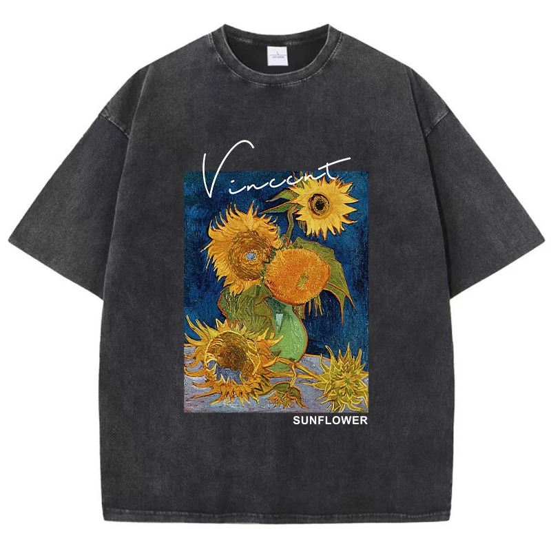 T-Shirt  oversize Van Gogh - Les Tournesols - Kf sd fb c a ca cf bc c f t shirt imprim van gogh tournesol pour homme coton v tement respirant et d contract - Tenue de festival