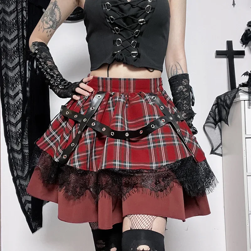 Jupe plissée à carreaux gothique - Kf sfa ce a da e e a eab f c ebg jupe pliss e carreaux gothique harajuku pour filles mini jupes lolita cake dentelle douce punk v - Tenue de festival