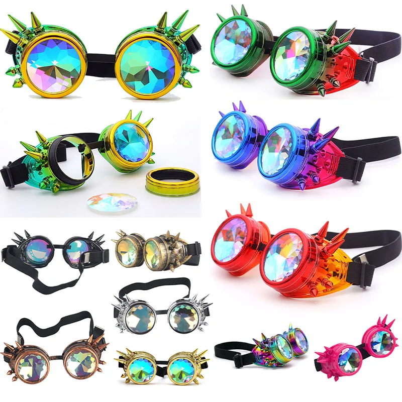 Lunettes steampunk kaléidoscope arc-en-ciel - Kf h d d e d e dbc b a lunettes de soleil kal idoscope arc en ciel pour hommes et femmes lunettes steampunk rivets lunettes - Tenue de festival