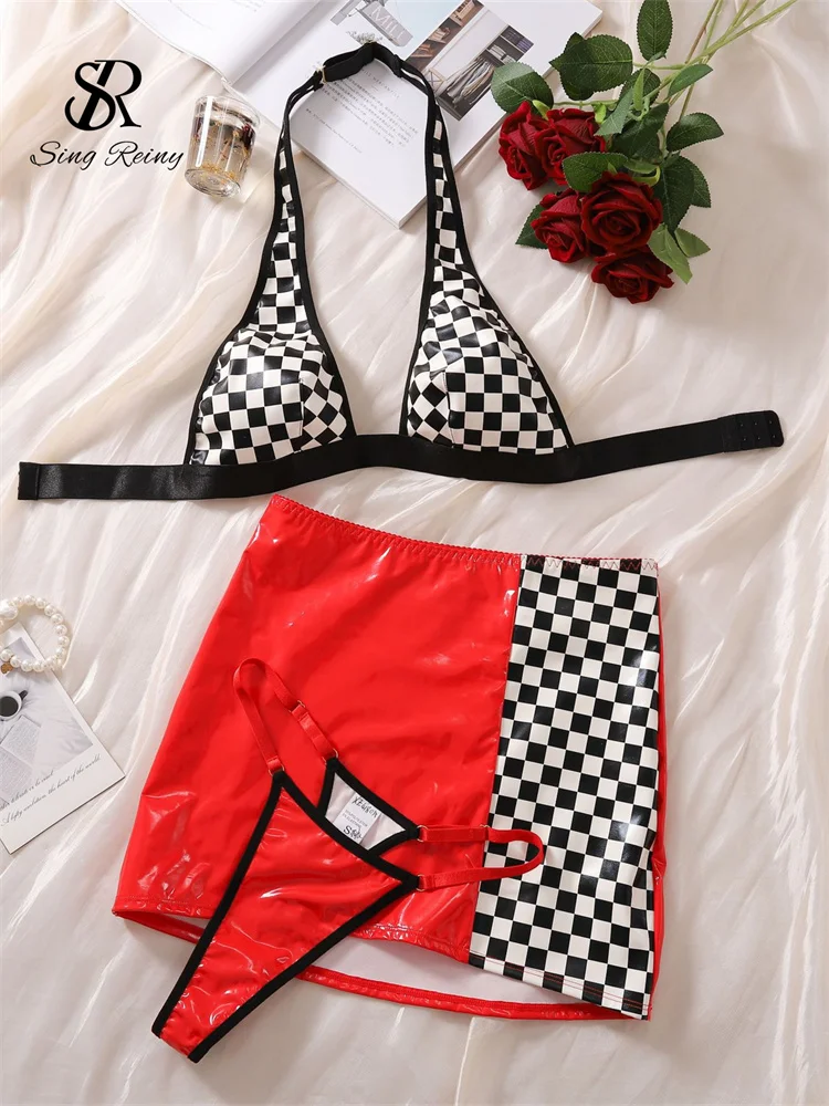 Ensemble sexy vinyle rouge à motif damier - Kf sfb a a ab c ef f bcad b r - Tenue de festival