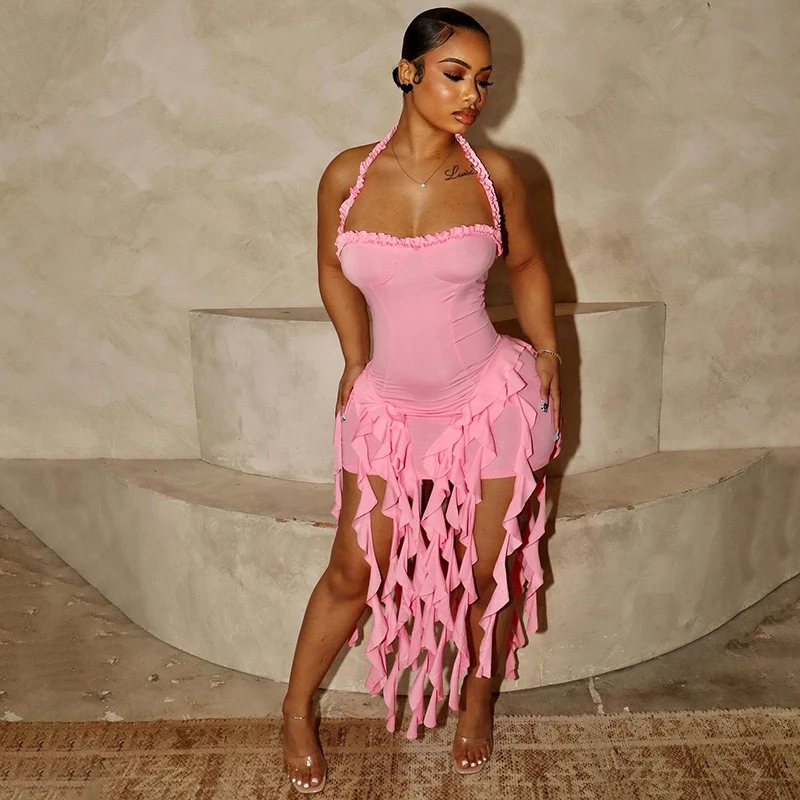 Robe dos nu moulante avec volants asymétriques - Kf s a a c db fe cb c - Tenue de festival