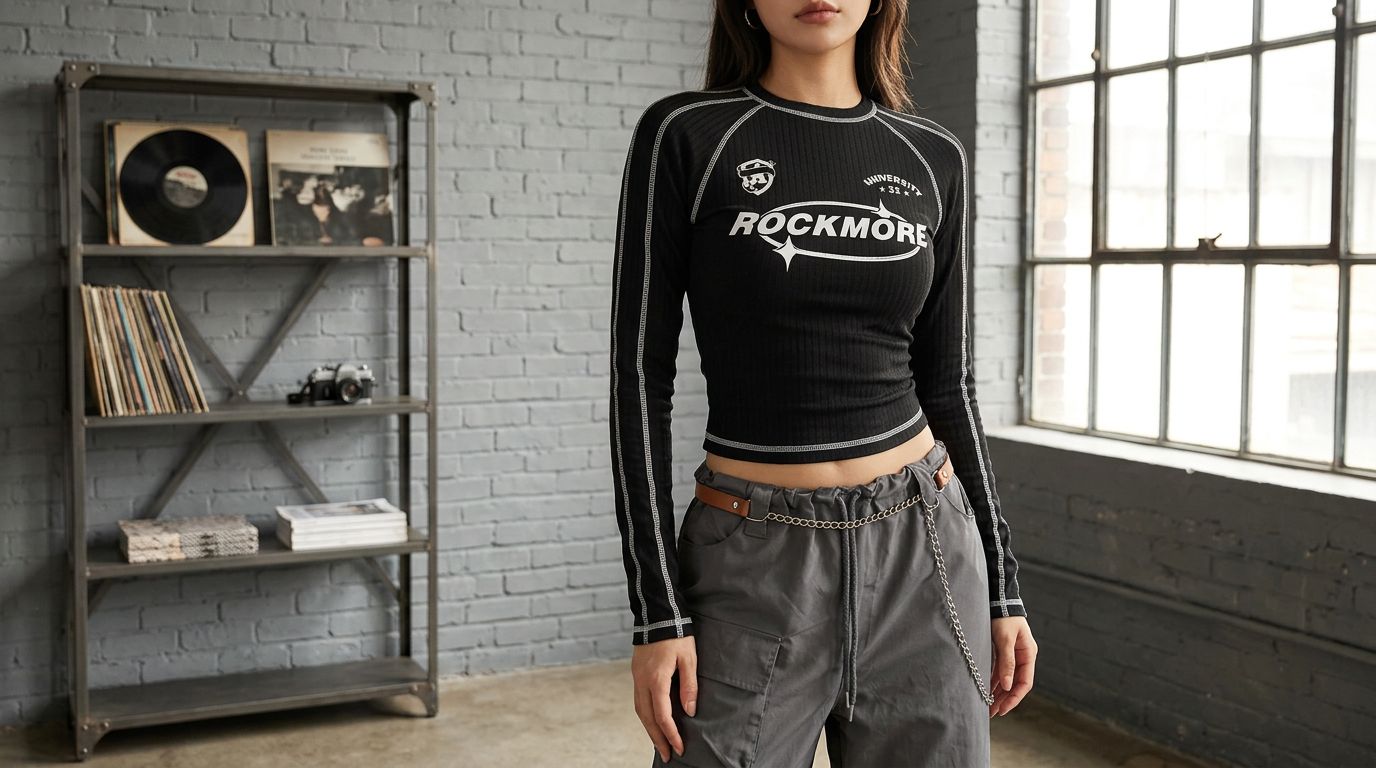 Crop-top manches longues “Rockmore University 32” - Image - Tenue de festival