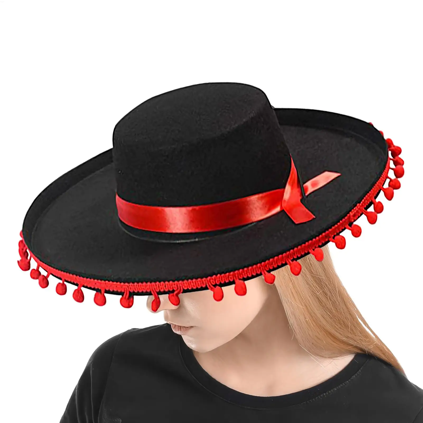 Chapeau espagnol noir à pompons rouges style flamenco - Kf s a ee a f ac a db f n - Tenue de festival