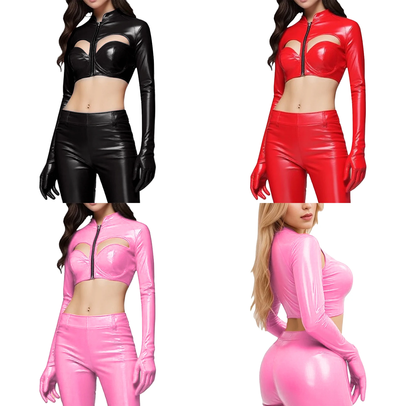 Ensemble vinyle rouge avec top zippé et gants intégrés pour femme - Kf sf ae f b b c b d d e d cw - Tenue de festival