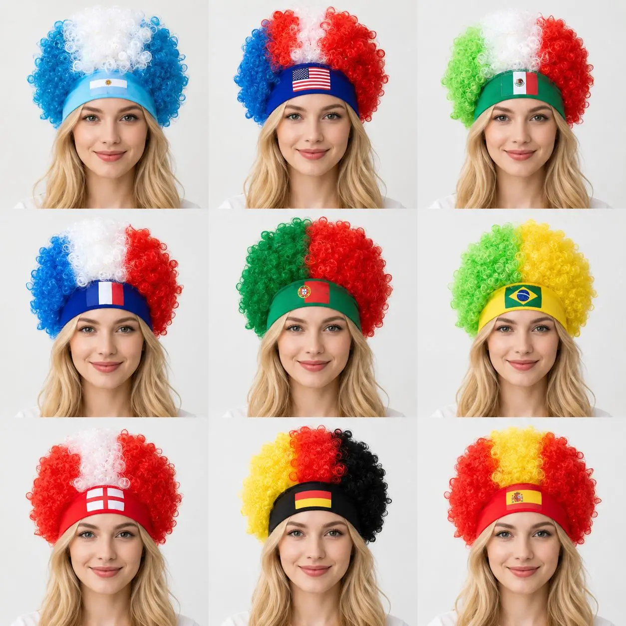 Perruque bouclée tricolore avec Drapeau pour la Coupe du Monde - Kf s aba f f a d c - Tenue de festival Perruque bouclée tricolore avec Drapeau pour la Coupe du Monde - Kf s aba f f a d c - Tenue de festival